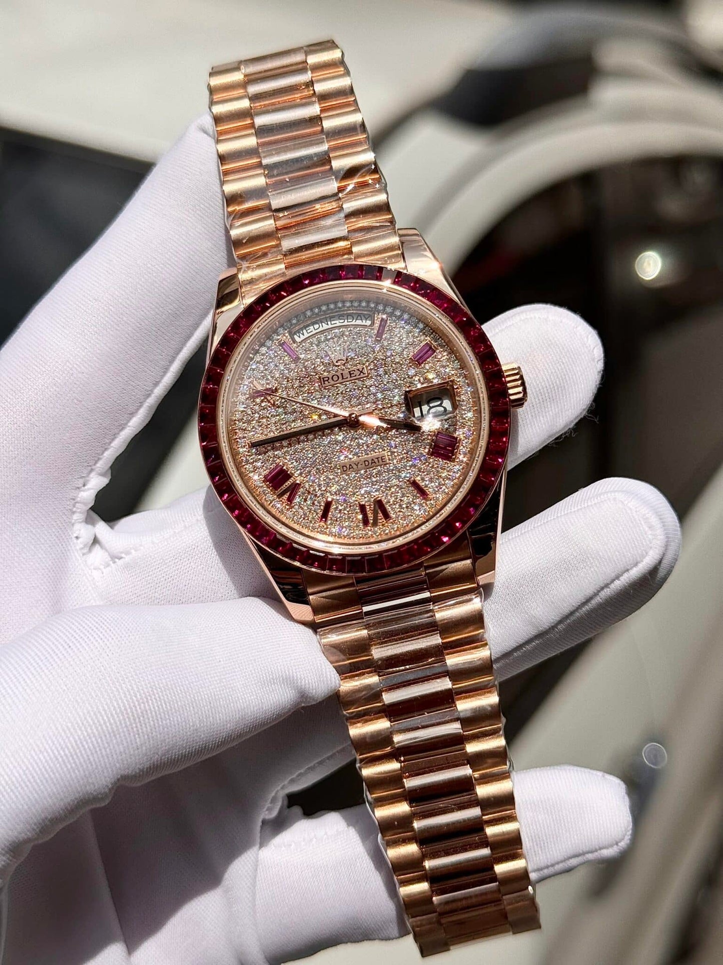 Rolex Best Replica Watch Day-Date Custom Ruby Red   Baguette Moissanite Diamonds GM Factory 40mm