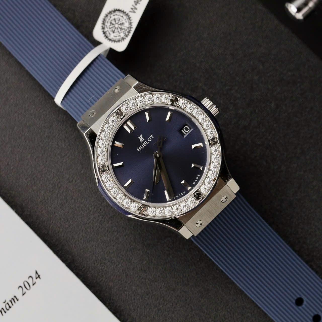 Hublot Classic Fusion Titanium Dial Blue Replica Watch Custom Moissanite Diamonds 33mm