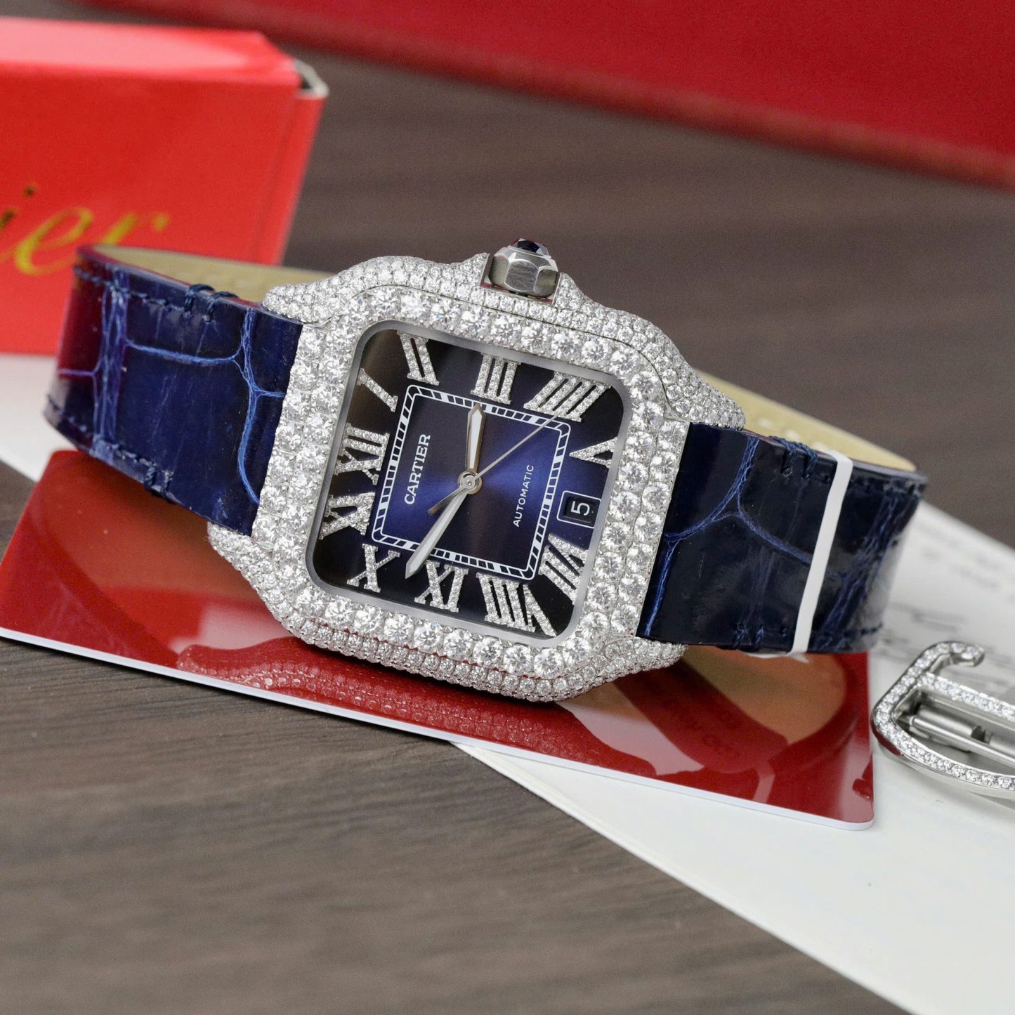 Cartier Santos Copies Watch Dial Blue Custom Diamonds Moissanite Hong Kong 39.8mm