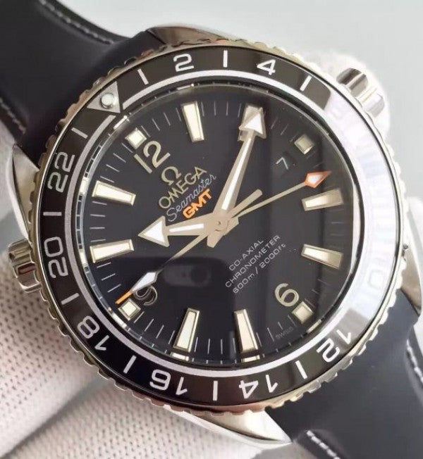 Replica Omega Planet Ocean SS GMT Black Dial Silver Markers Black Rubber Strap A8605