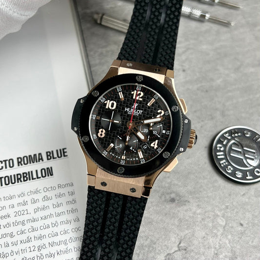 Hublot Fake Watch Big Bang King Gold Black Dial Rubber Strap 44mm