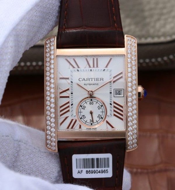 Replica Cartier Tank MC RG White Dial RG Mark Diamonds Bezel Leather Strap