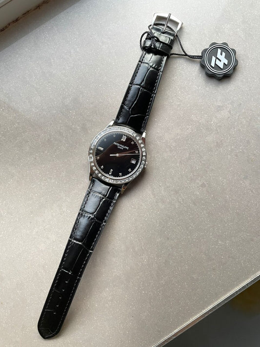Replica PATEK PHILIPPE Calatrava ZF 5298p Date Sweep Seconds in Diamond Bezel Black Dial ZF factory