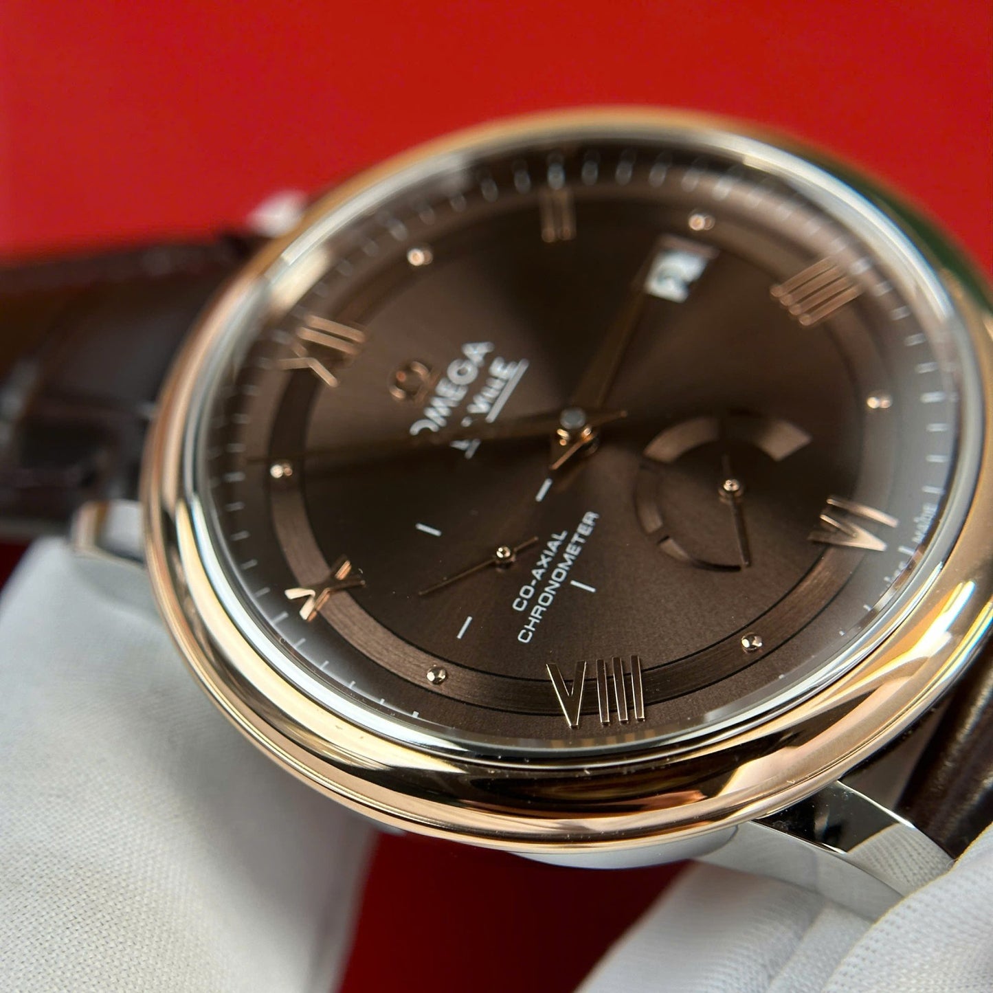 Omega De Ville Prestige Power Reserve Replica 11 Watch Dial Chocolate Leather Strap 39.5mm