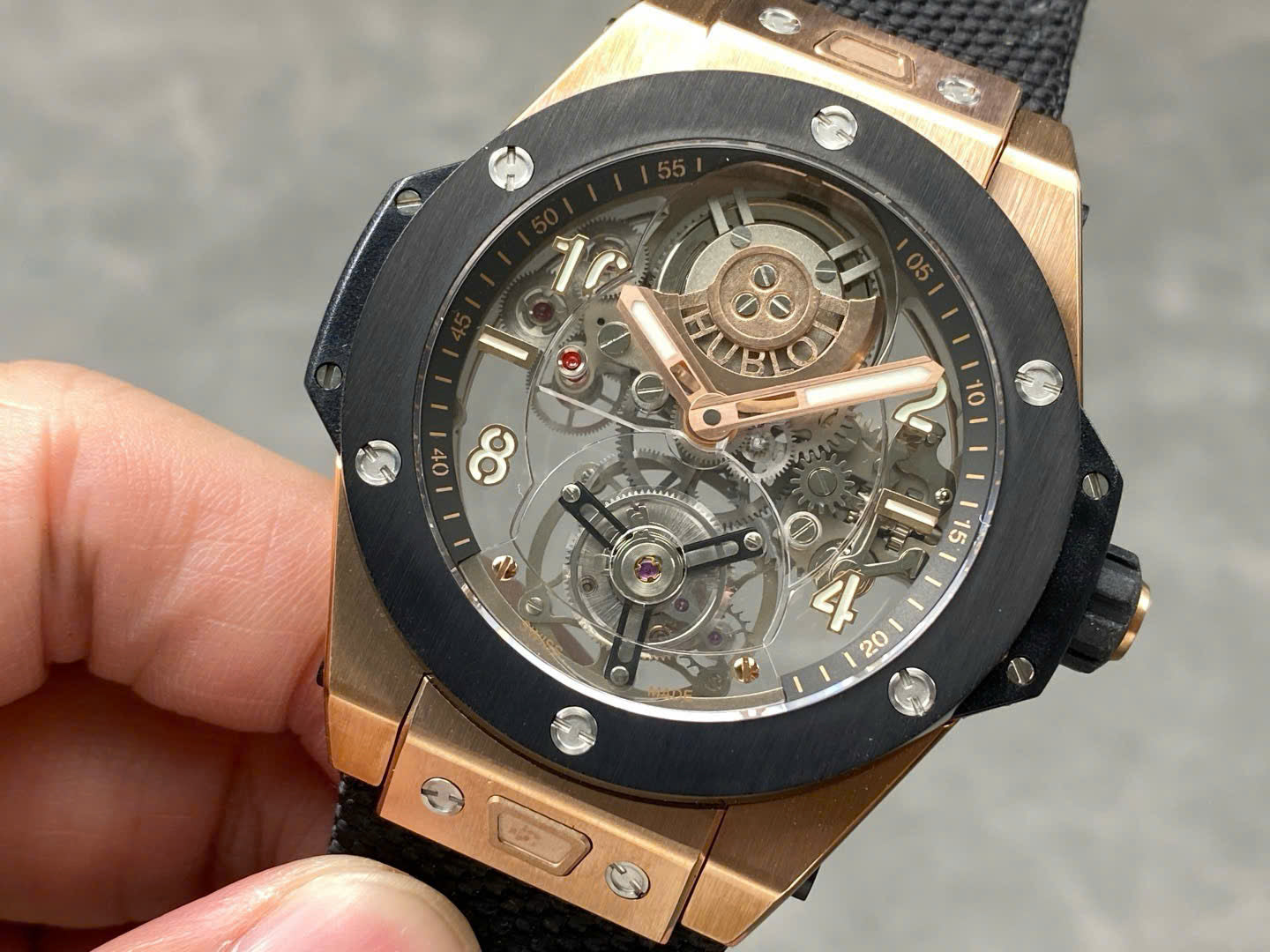 Hublot Big Bang Tourbillon Skeleton Dial Best Replica Watches Fabric Strap 45mm