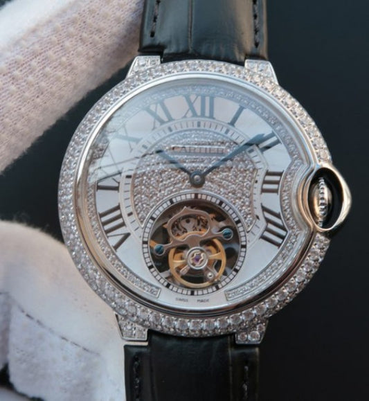 Replica Cartier Ballon Bleu de Cartier Tourbillon SS Paved Diamonds Black Leather Strap