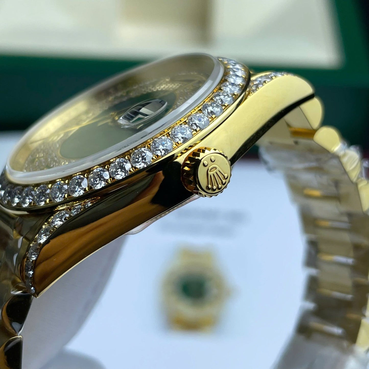 Rolex Day-Date Replica Watch Gold Wrapped + Moissanite Diamonds Weight 173 Gram 40mm