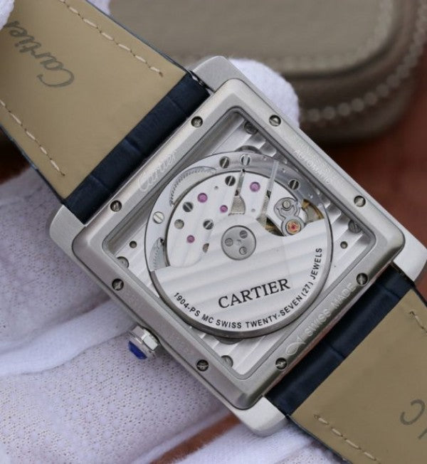 Replica Cartier Tank MC SS Blue Textured Dial Blue Leather Strap