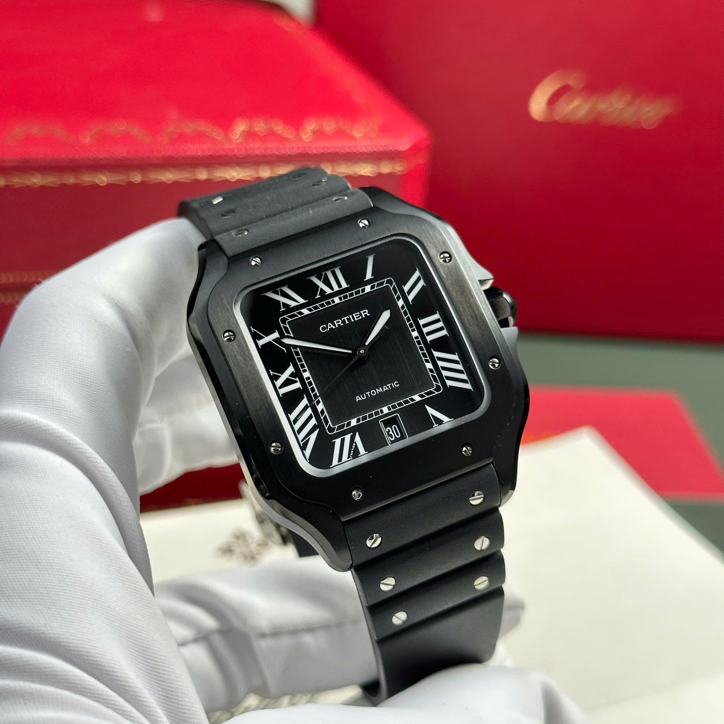 Cartier Santos Black Replica 11 Watch Rubber Strap BV Factory 39.8mm