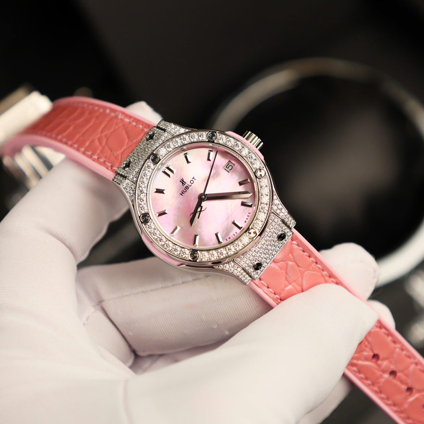 Hublot Classic Fusion Replica Watch Mother Of Pearl Dial + Moissanite Diamonds 33mm