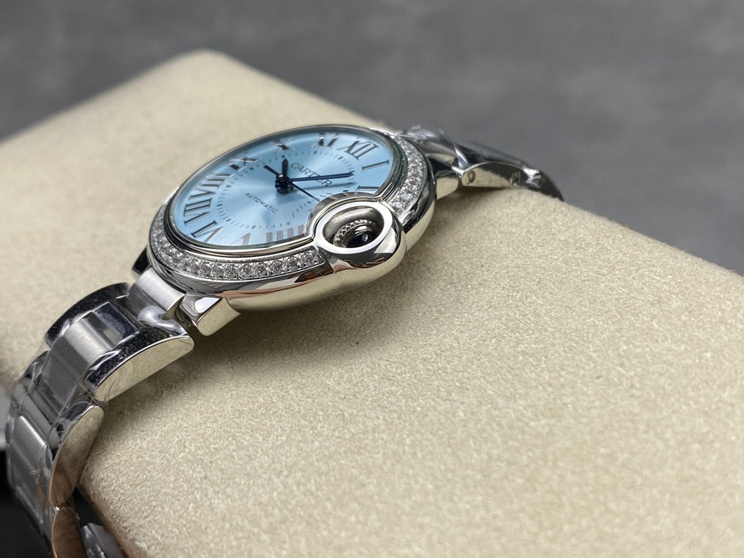 Ballon Bleu de Fake Cartier Watch Steel Diamond Bezel 33mm Blue Silver Dial W4BB0028(1:1 replica)