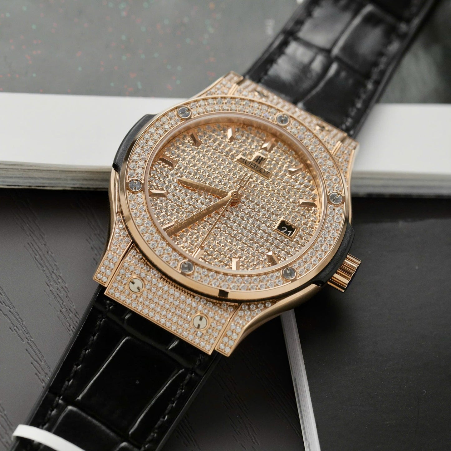 Hublot Classic Fussion King Gold Best Replica Watches Custom Full Moissanite Diamonds 42mm