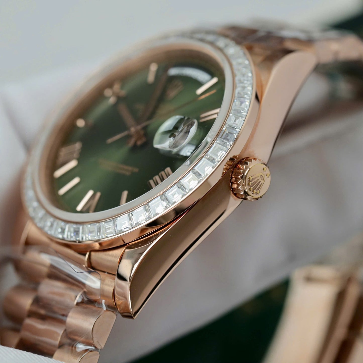 Rolex Day-Date Geen Dial Copies Watches Gold Wrapped + Diamonds Moissanite Baguette 40mm
