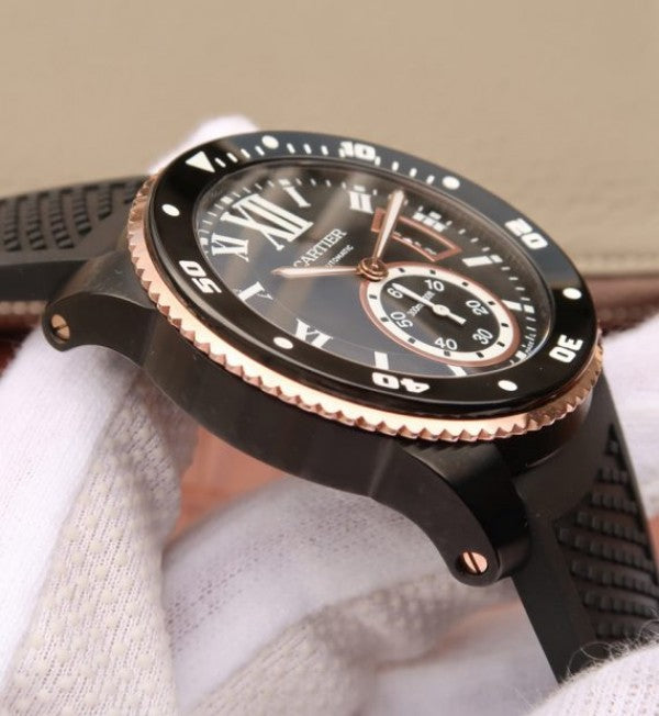 Replica Cartier JJF Calibre De Cartier Diver DLC Black Dial RG Bezel Black Rubber Strap A23J