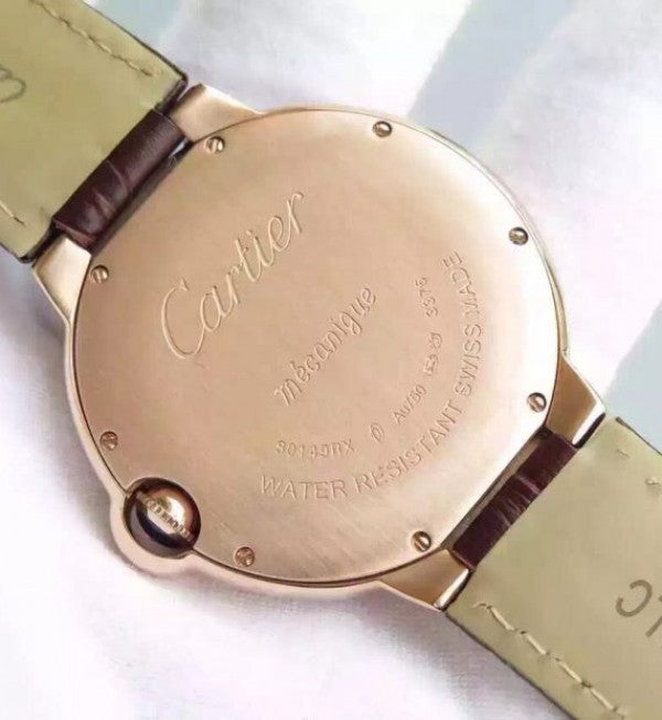 Replica Cartier Ballon Bleu 40mm RG Diamonds Bezel Whit Dial Leather Strap MIYOTA9015
