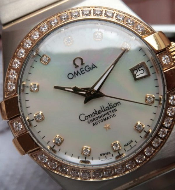 Replica Omega V6 Constellation 35mm White MOP Dial Diamonds Bezel SS Bracelet A2500