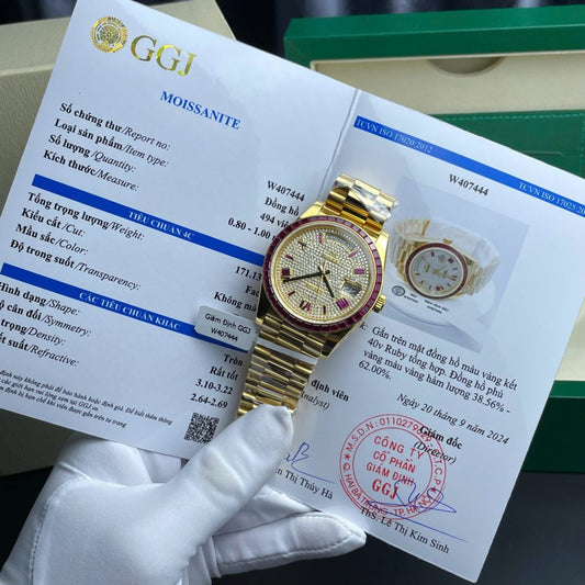 Rolex Day-Date Replica Watch Ruby Red + Moissanite Diamonds Gold Wrapped GM Factory 40mm