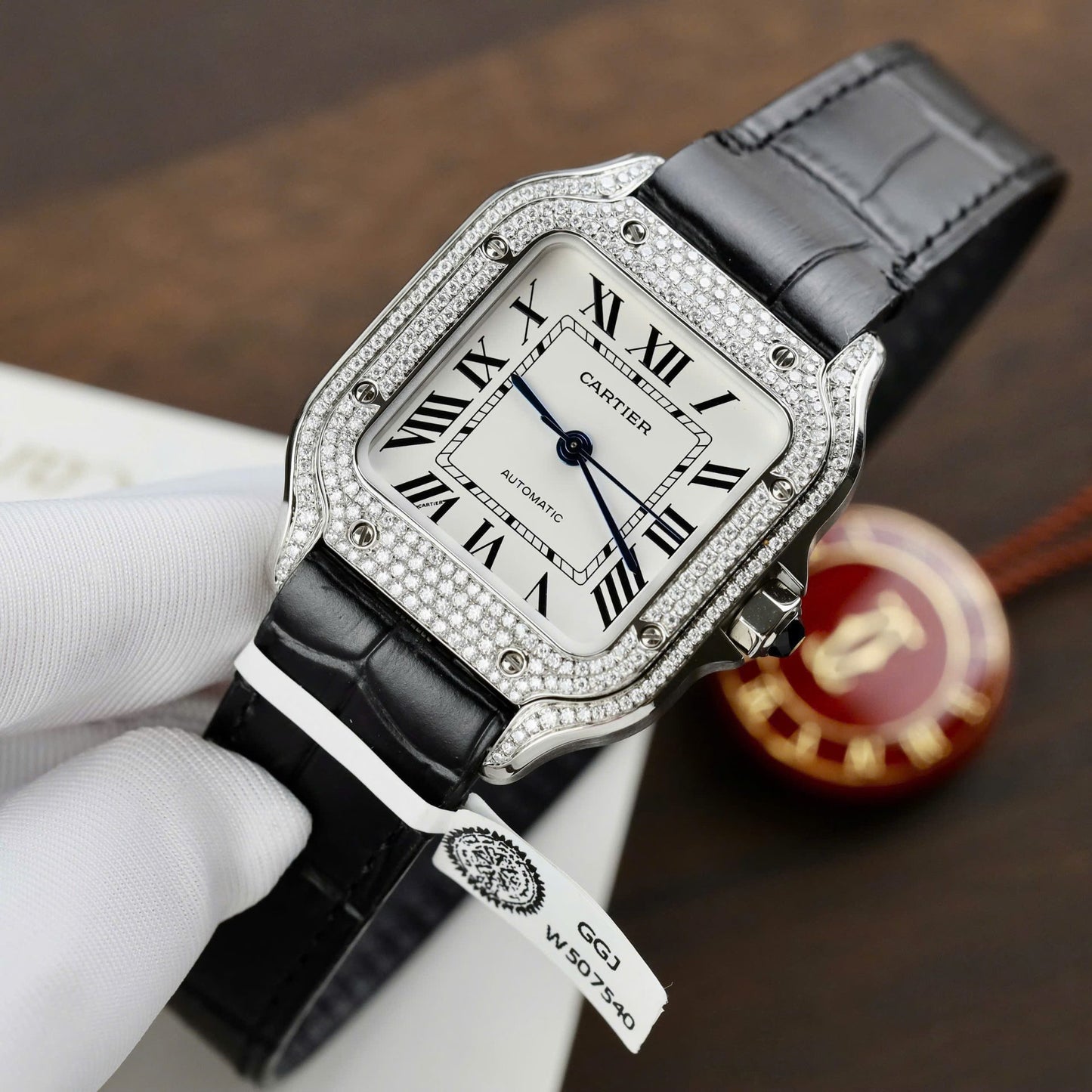 Cartier Santos Women¡¯s White Dial Copies Watches Moissanite Diamonds Custom BV Factory 35.2mm