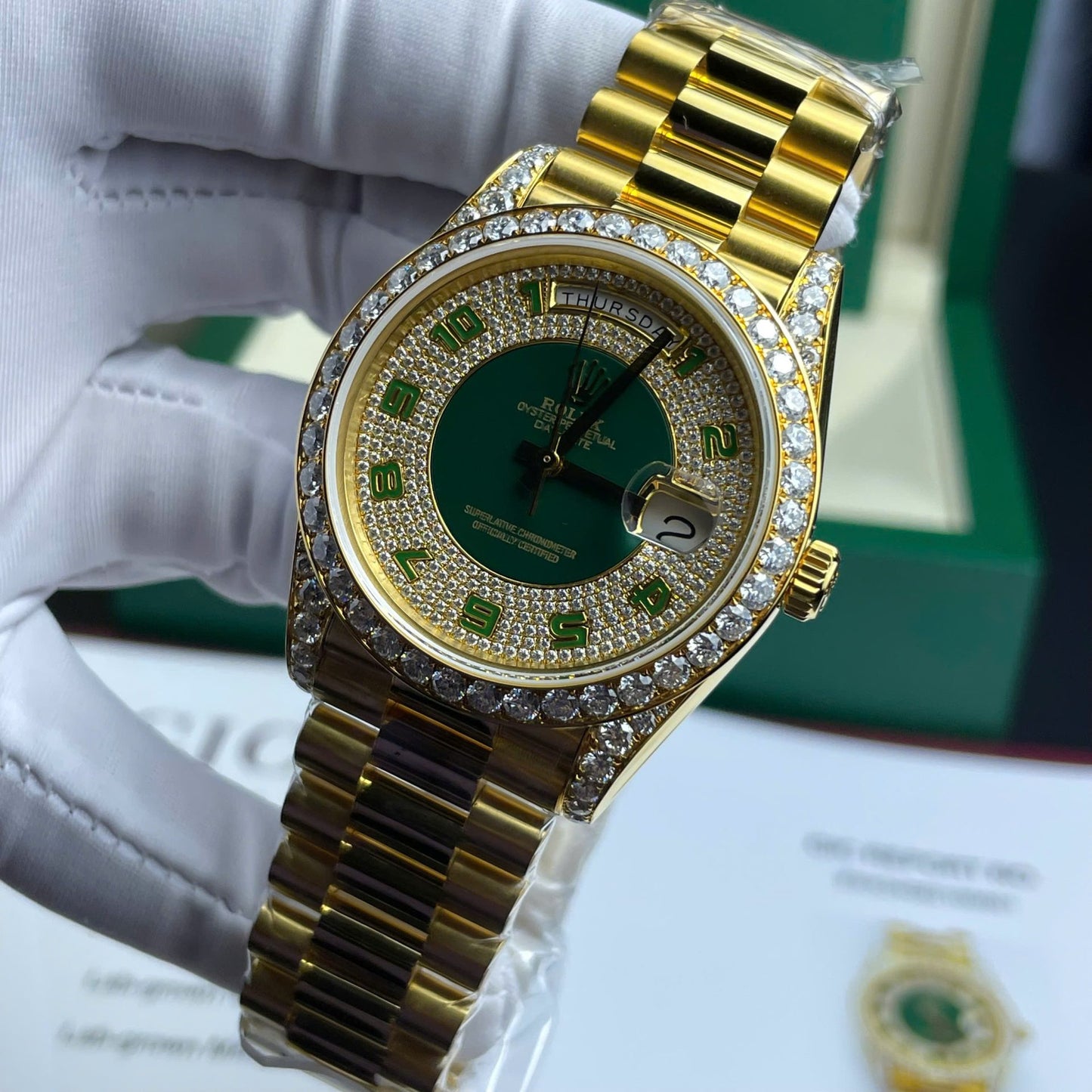 Rolex Day-Date Replica Watch Gold Wrapped + Moissanite Diamonds Weight 173 Gram 40mm