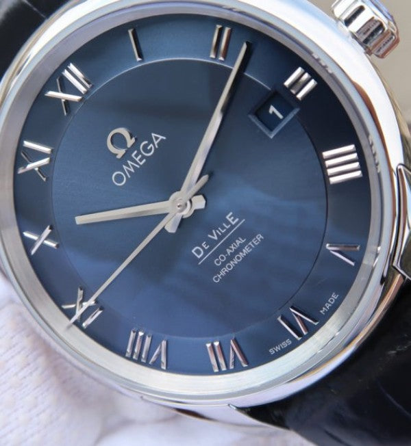 Replica Omega V6 De Ville 41mm SS Blue Dial Black Leather Strap A8500