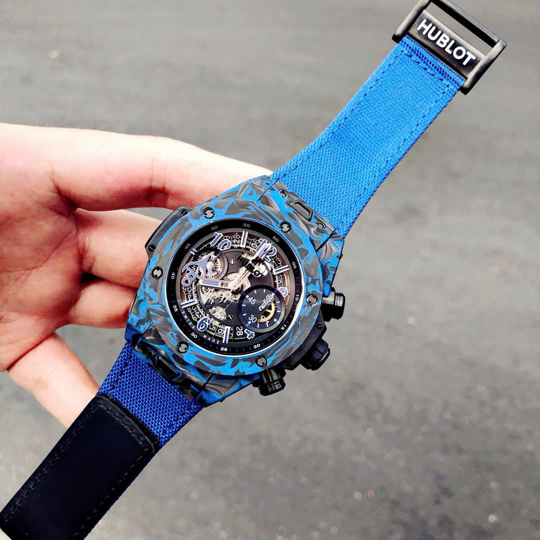Hublot Big Bang Unico Blue Carbon Replica Watches Best Quality Fabric Strap 45mm