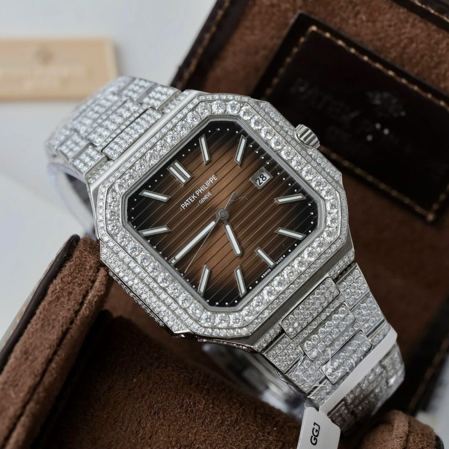 Patek Philippe Cubitus 5821 Dial Brown Replica Watch Full Diamonds Moissanite Hong Kong 45mm