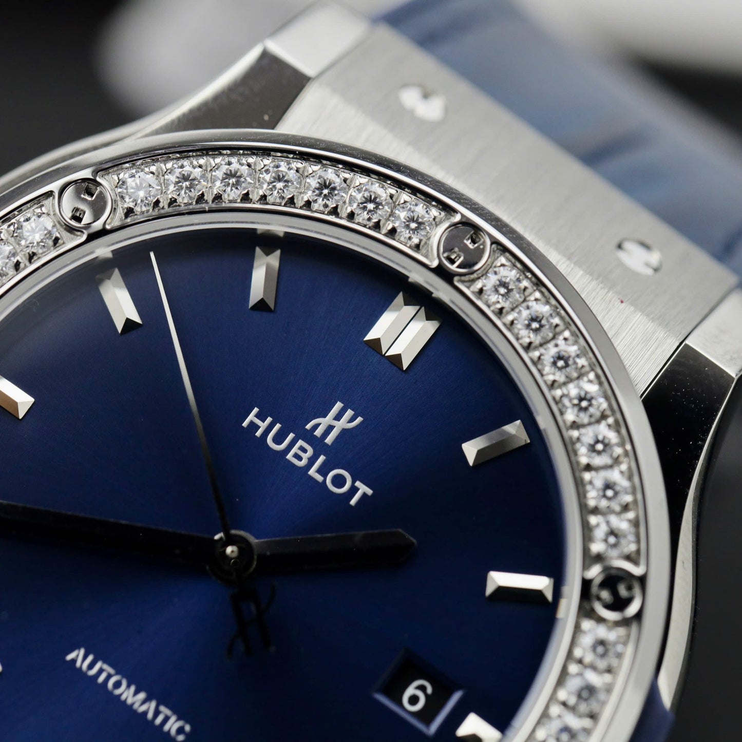 Hublot Classic Fusion Titanium Replica Watches Blue Dial Custom Moissanite Diamonds 42mm