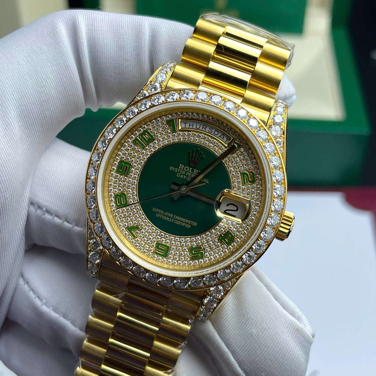 Rolex Day-Date Replica Watch Gold Wrapped + Moissanite Diamonds Weight 173 Gram 40mm