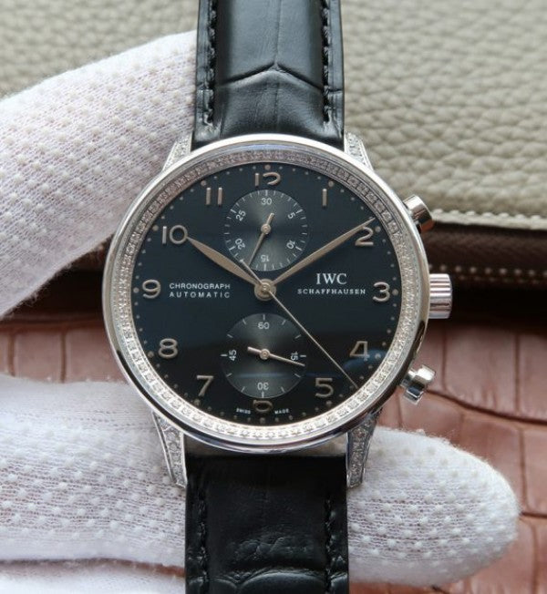 Replica IWC ZF Portuguese Chrono IW371447 Diamonds Bezel Leather Strap