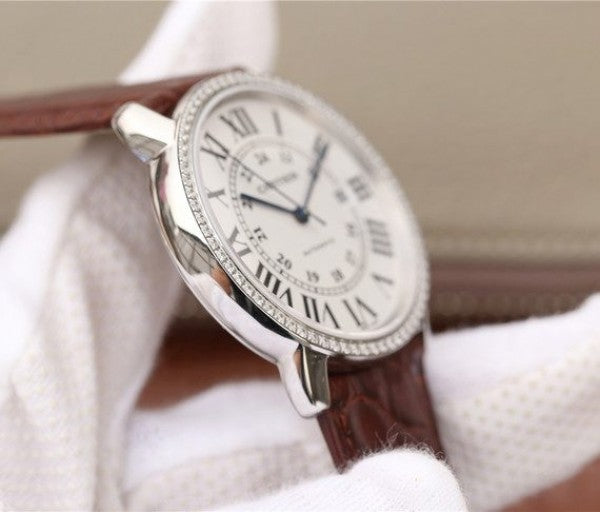 Replica Cartier Ronde De Cartier SS White Dial Diamonds Bezel Croco Strap A2892