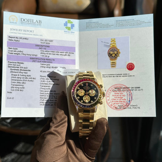 Rolex Replica Watch Daytona Rainbow Yellow Gold Wrapped Moissanite Diamonds TWF 40mm