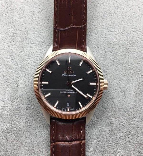 Replica Omega Globemaster Master Chronometer Black Dial RG Bezel Leather Strap A8900