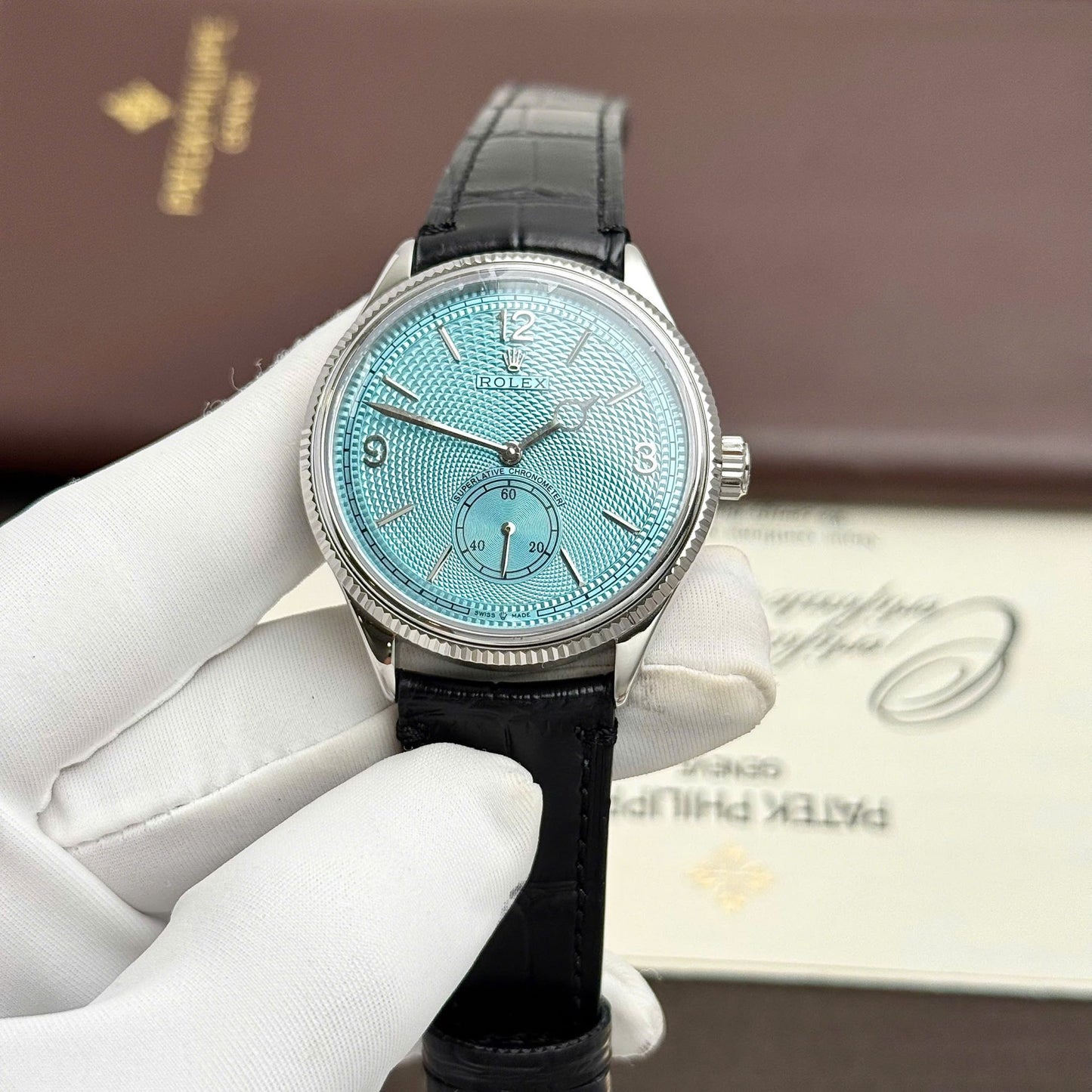 Rolex Perpetual 1908 Fake Watches Tiffany Dial Leather Strap Black 39mm