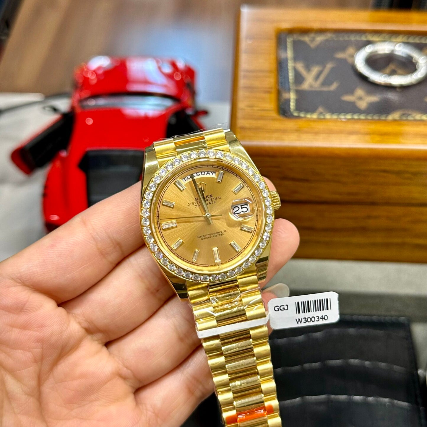 Rolex Day-Date Fake Watches Yellow Dial Moissanite Diamonds EW Factory 40mm
