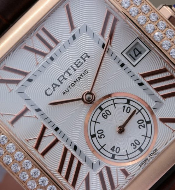 Replica Cartier Tank MC RG White Dial RG Mark Diamonds Bezel Leather Strap