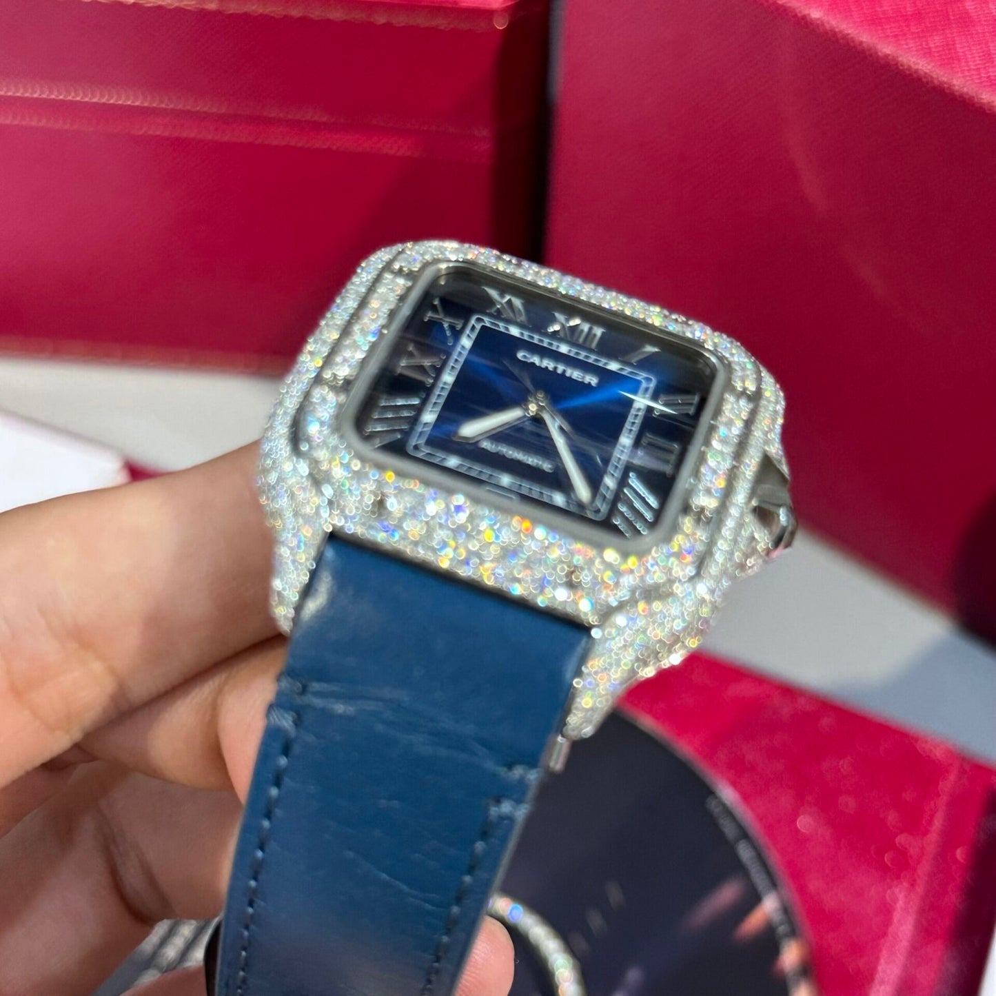 Cartier Santos Replica Watch Blue Dial Custom Moissanite Diamonds 39.8mm