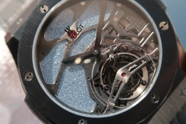 Replica Hublot Classic Fusion Tourbillon 45mm TF PVD Purple Skeleton Dial Black Gummy Strap A23J