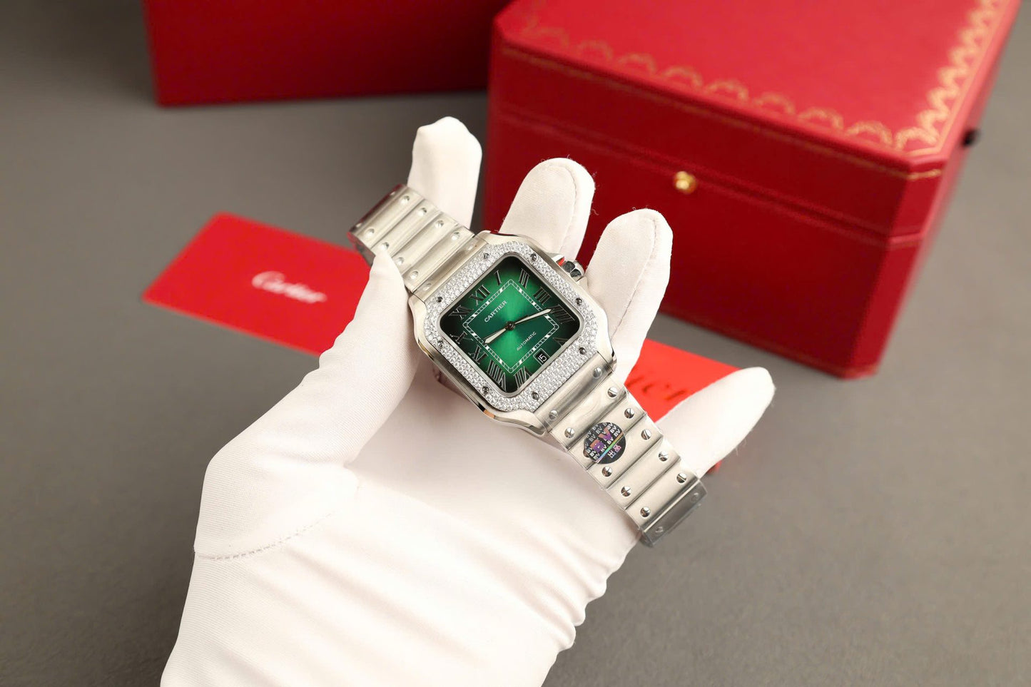 Cartier Santos Green Copies Watch Custom Diamonds Moissanite BV Factory 39.8mm