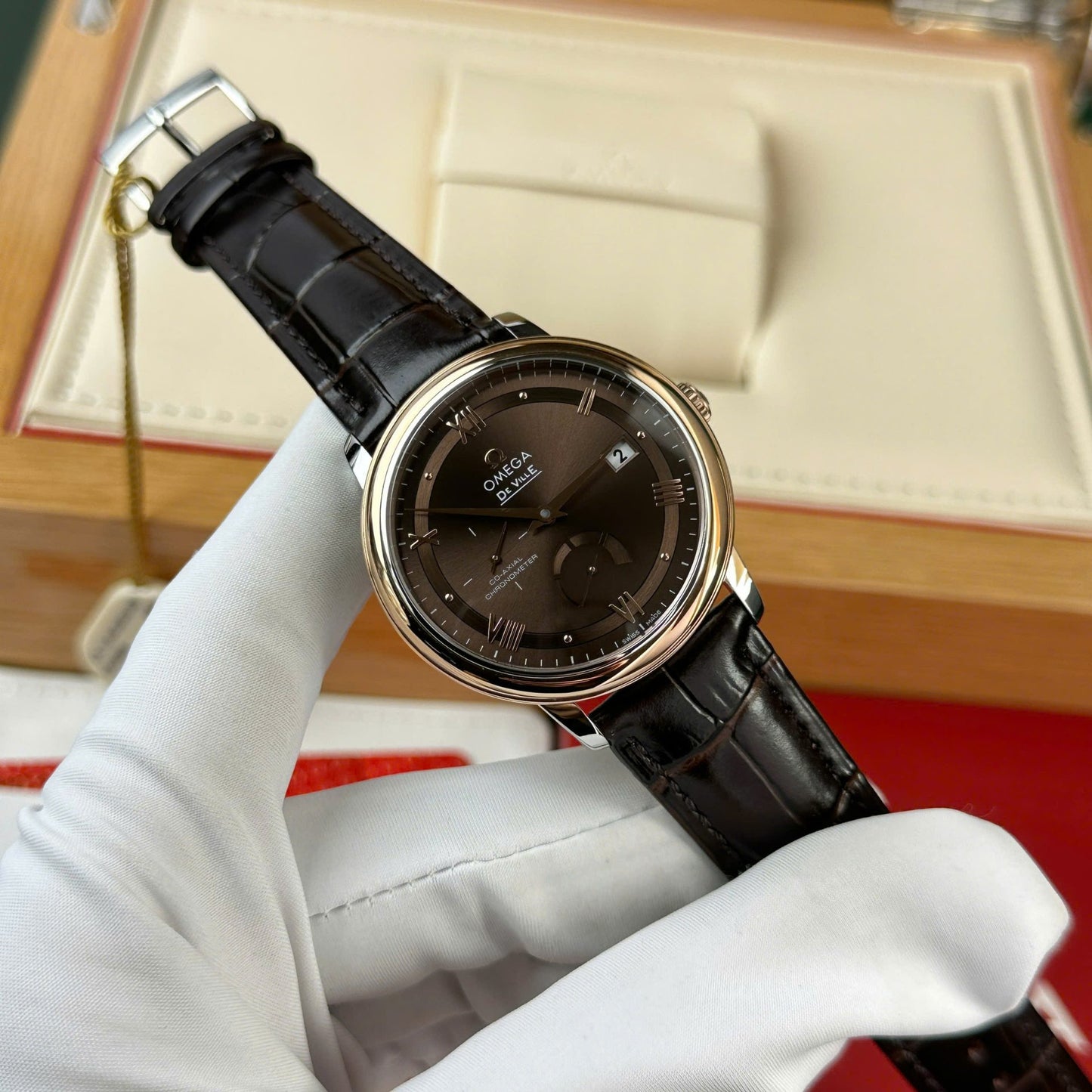 Omega De Ville Prestige Power Reserve Replica 11 Watch Dial Chocolate Leather Strap 39.5mm