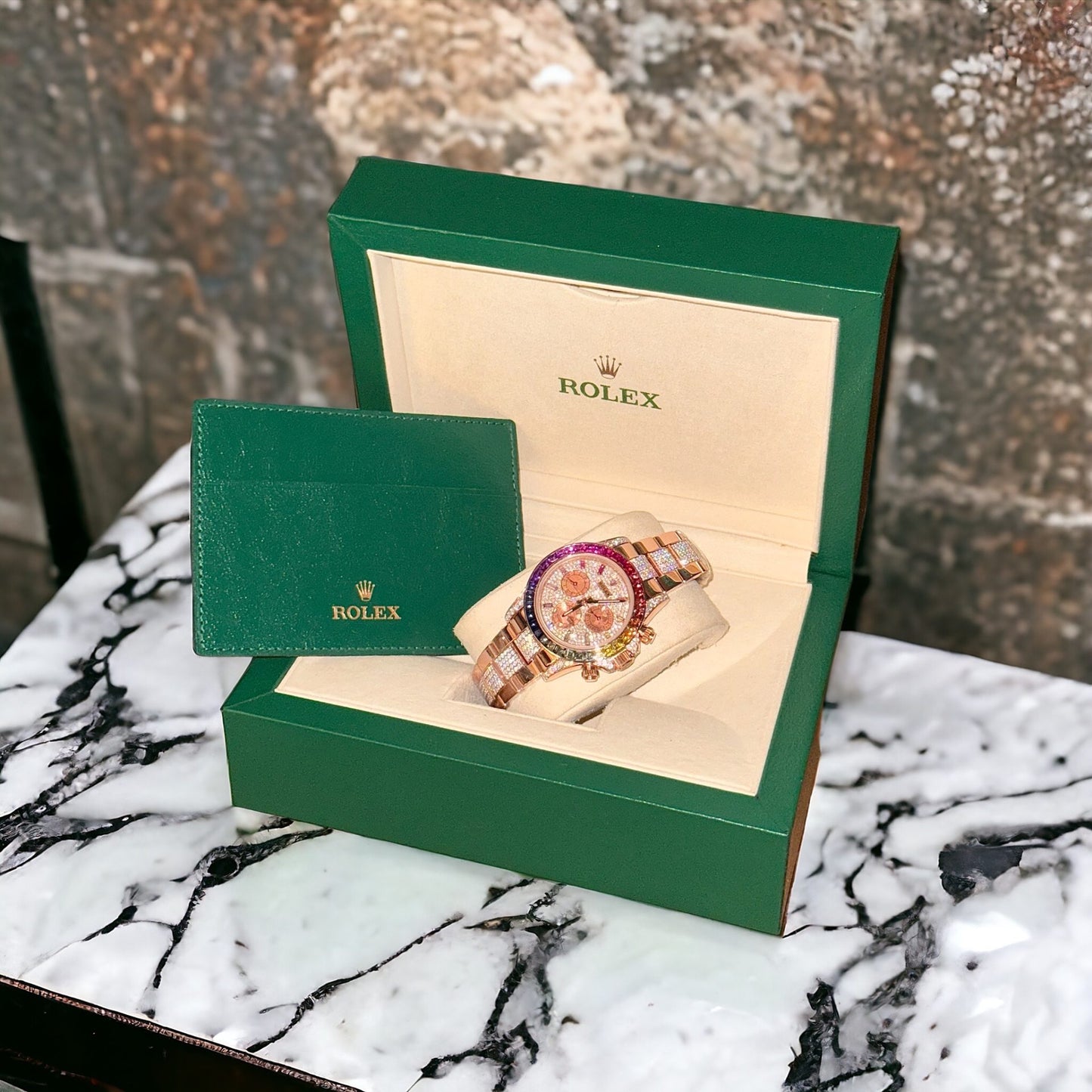Rolex Daytona Rainbow Replica Watch Gold Wrapped + Ruby + Moissanite Diamonds 40mm