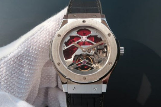Replica Hublot Classic Fusion Tourbillon 45mm TF Red Skeleton Dial Black Gummy Strap A23J