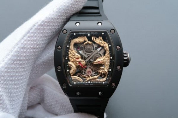 Replica Richard Mille RM057 Dragon Phoenix PVD SS Case YG Dragon Dial Black Rubber Strap