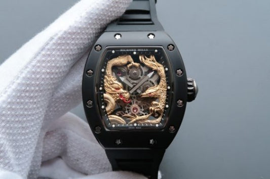Replica Richard Mille RM057 Dragon Phoenix PVD SS Case YG Dragon Dial Black Rubber Strap