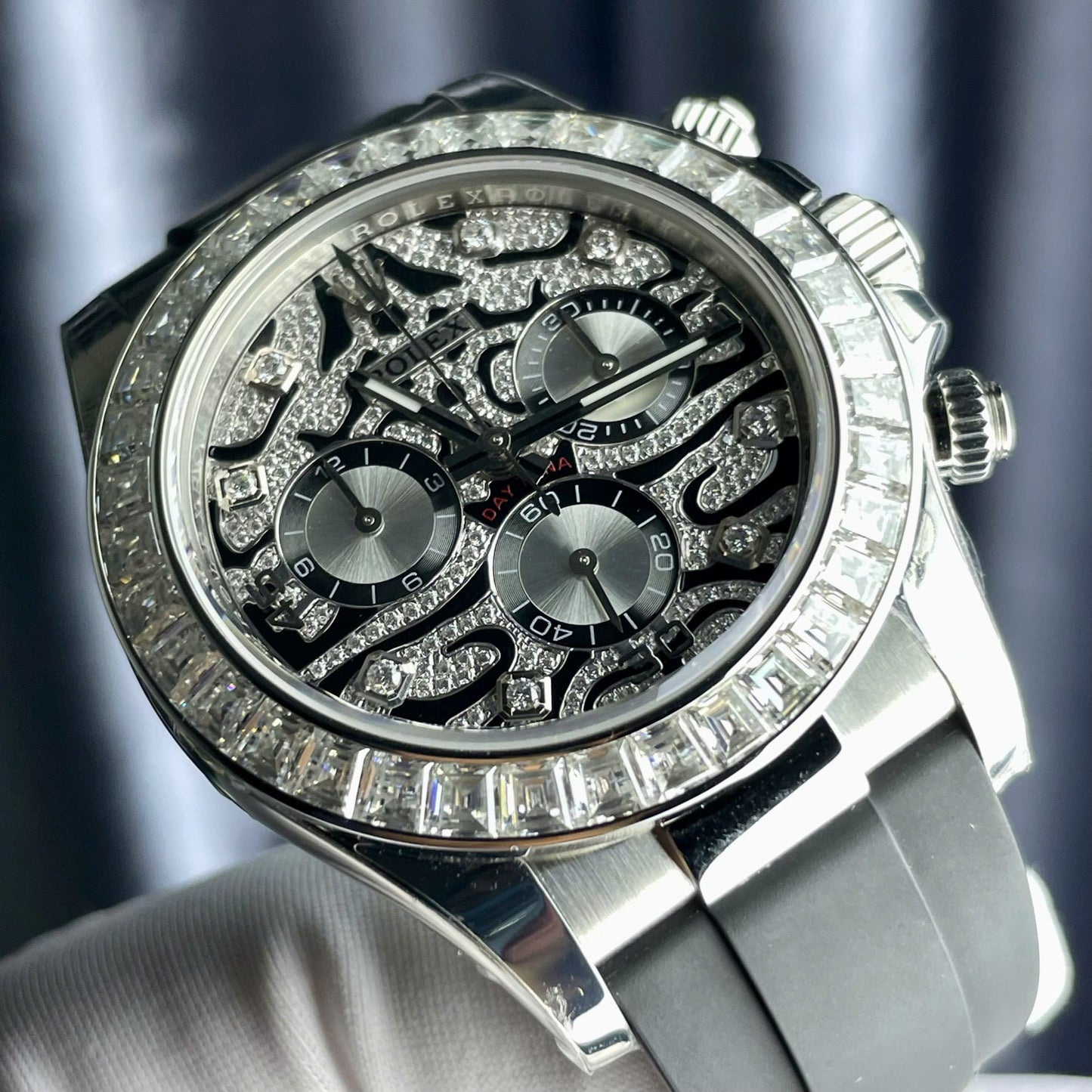 Rolex Cosmograph Daytona Eye Of The Tiger Replica Watch Custom Moissanite Baguette Diamonds 40mm