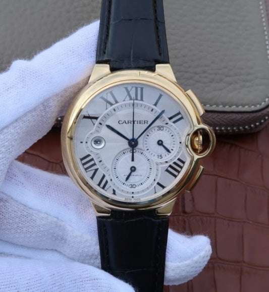 Replica Cartier Ballon Bleu De Cartier Chrono 47mm YG White Dial Leather Strap A8101