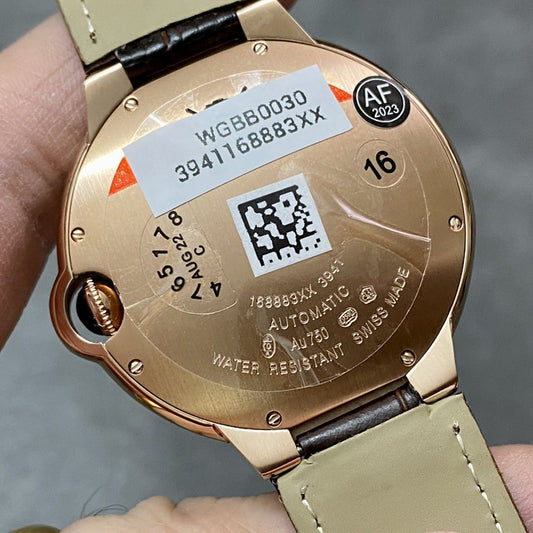 Fake Cartier Watch Ballon Bleu de Rose Gold 42mm Silver Dial Leather Strap WGBB0030 AF(1:1 replica)
