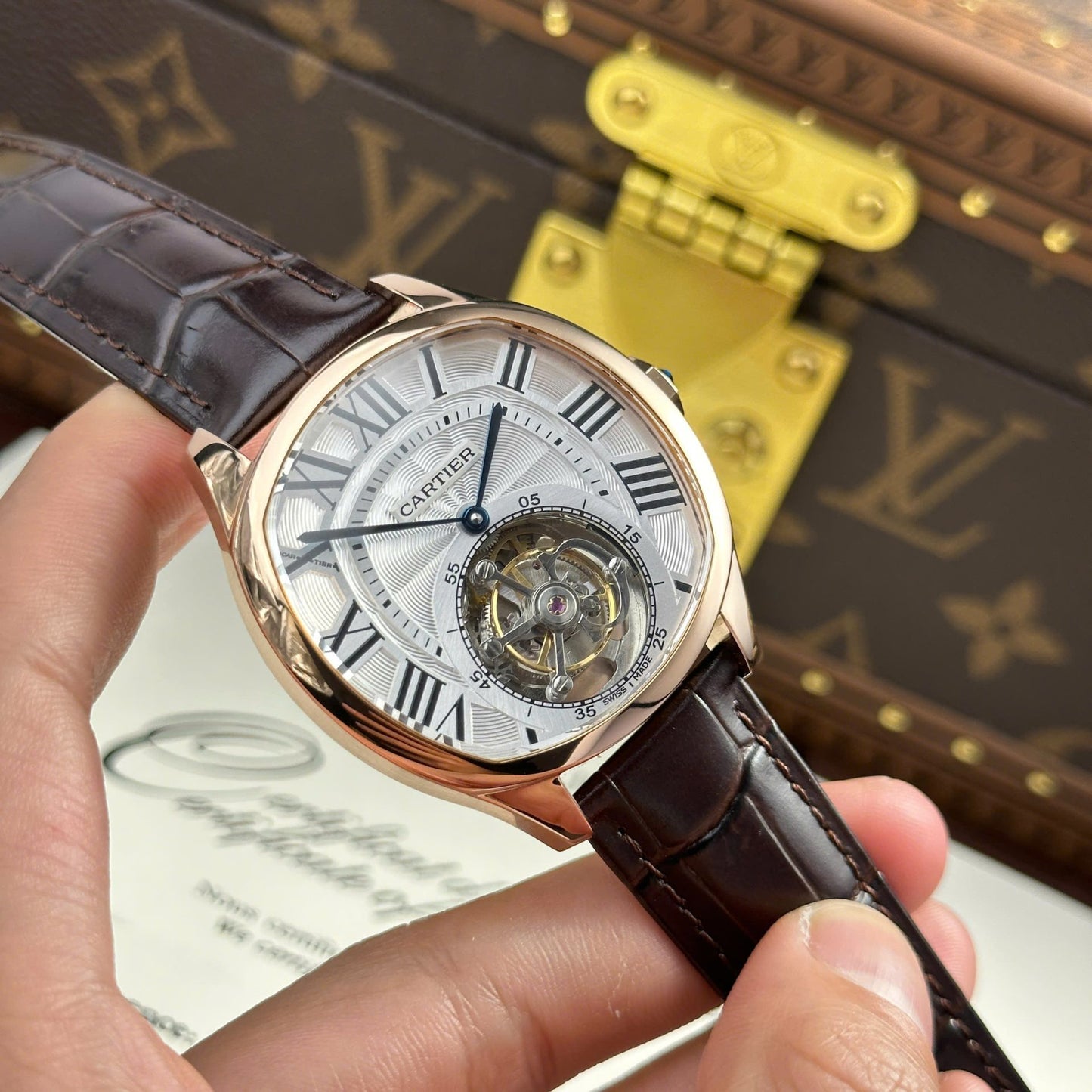 Cartier Drive Tourbillon Replica Watch Dial Guiloche Motif Leather Strap 41mm
