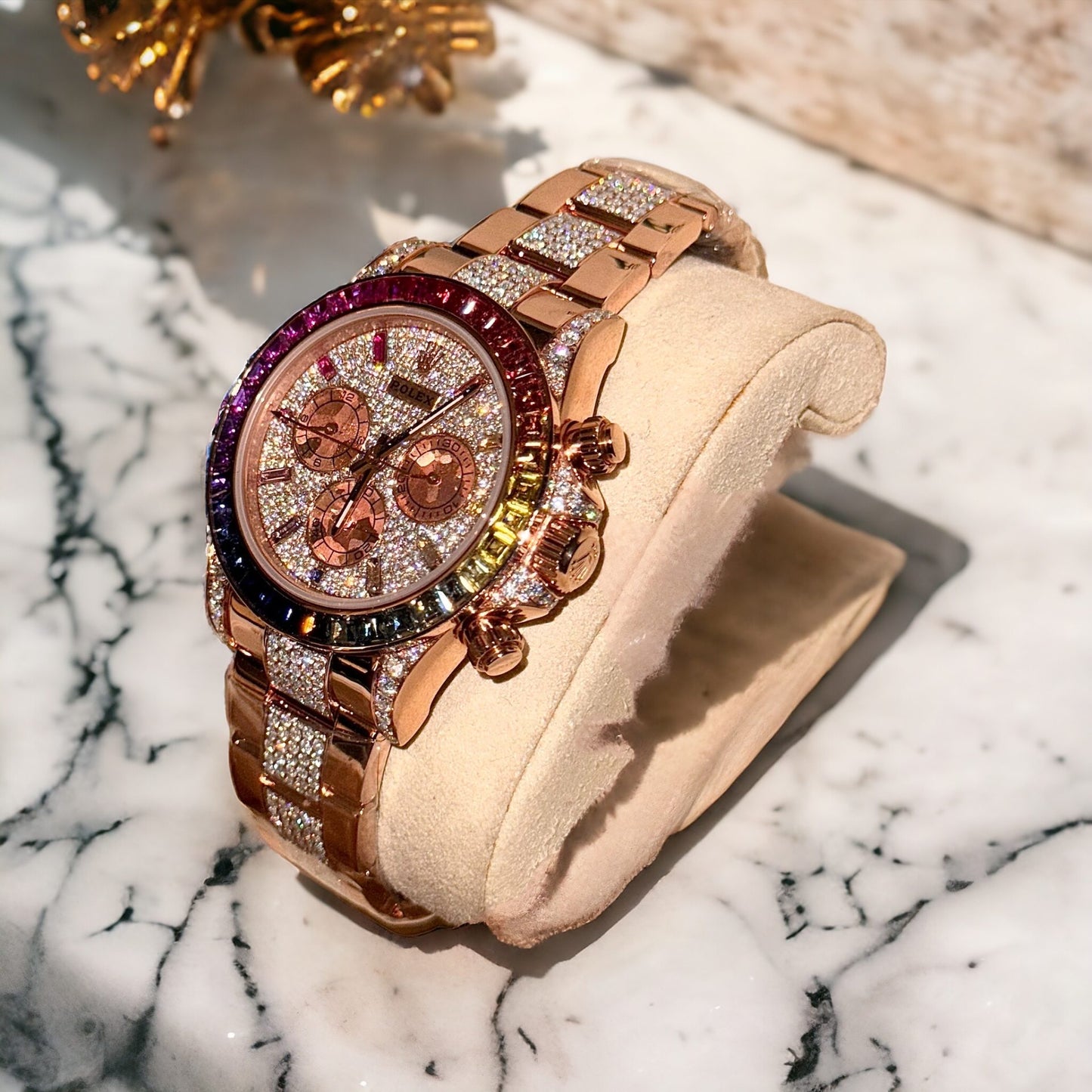 Rolex Daytona Rainbow Replica Watch Gold Wrapped + Ruby + Moissanite Diamonds 40mm