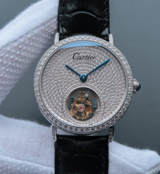 Replica Cartier Tourbillon SS Diamonds Dial Bezel Leather Strap
