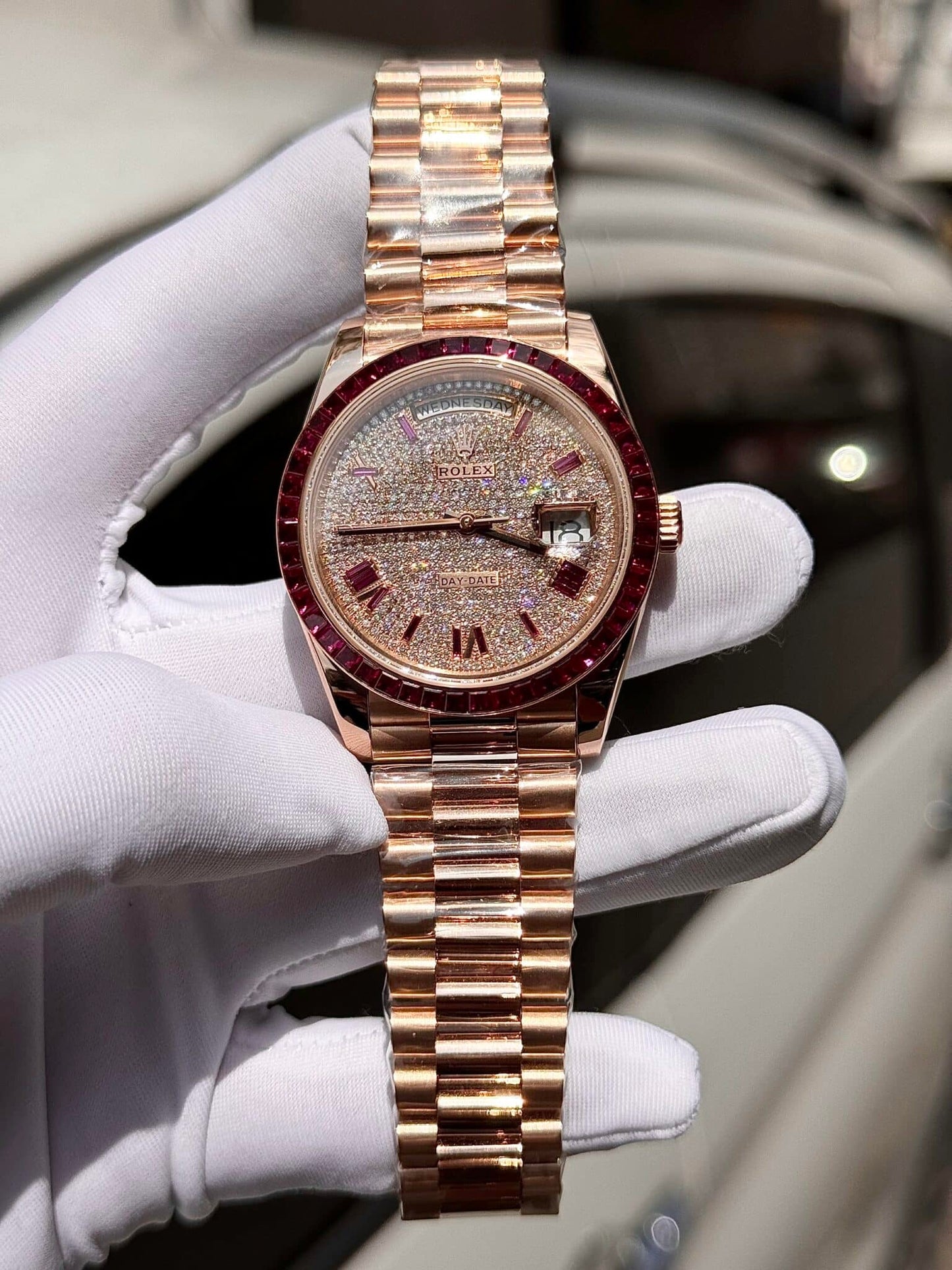 Rolex Best Replica Watch Day-Date Custom Ruby Red   Baguette Moissanite Diamonds GM Factory 40mm